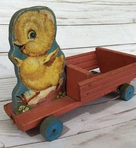 Vintage FP Fisher Price Chick Wagon Chicken Wood Wooden Old Pull Toy #407 USA - Picture 1 of 14