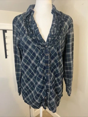 Blusa para mujer Joie manga larga a cuadros verde y blanco con volantes, talla L Foto 1 de 4