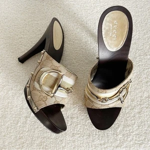 Gucci Monogram Icon Bit Clog Sandalen Absatz Größe 7,5 Horsebit Beige Braun - Bild 1 von 16