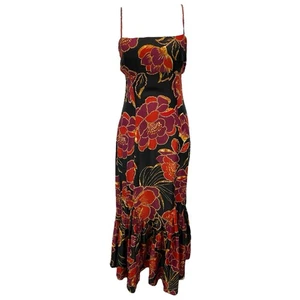 FARM RIO Shiny Chita Multi Black Magenta Floral Ruffle Midi-Dress Women’s S - Foto 1 di 15