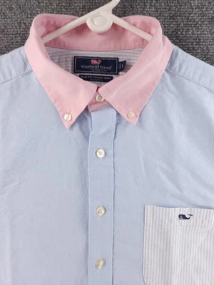Vineyard Vines Oxford Blue Pink Cotton Slim Fit Tucker Large Contrast Collar - Image 1 of 4