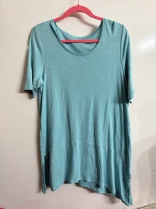 J Jill Tunic Womens Large Aqua Blue Pima Clipped Hem Shirt Stretch Slub Knit - Picture 1 of 3
