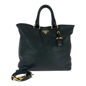 Bolso de Mano PRADA Bolso de Hombro 2 Vías Negro Negro Dorado Herrajes Cuero - Imagen 1 de 10