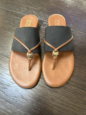 T-Strap Sandals- ITALIAN Shoemakers Womens Tan/Black Size 7.5 - Image 1 of 4
