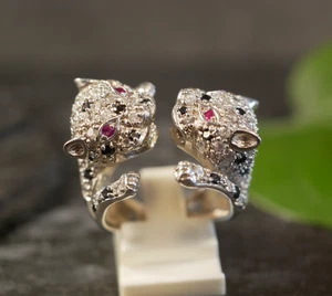 Tierischer 925 Sterling Silber Ring Katzen Raubkatzen Leopard Panther Zirkonia - Bild 1 von 12