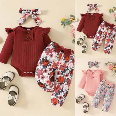 3PCS Newborn Baby Girl Ruffle Ribbed Romper Tops Floral Pants Outfit Clothes Set - Image 1 of 4