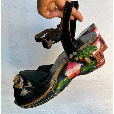 1940's Pair Carved Wooden Platform Sandal Wedges Philippines, Velvet Embroidered - Image 1 of 4