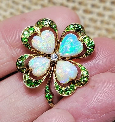 Antiguo prendedor trébol tsavorita diamante talla antigua ópalo corazón oro URSS de la Unión Soviética Foto 1 de 4