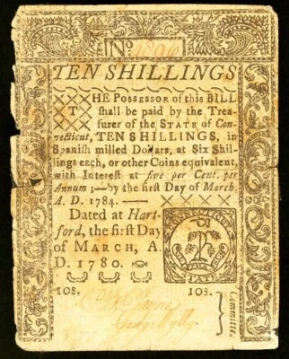 Connecticut Colonial Currency March 1, 1780 10s - NICE HONEST WEAR - Image 1 of 2