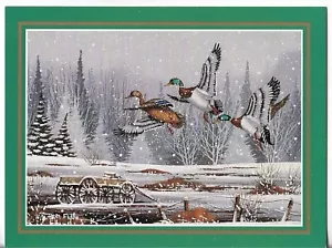NOS LEANIN' TREE Christmas Card 7.25x5.5 Mallard Ducks in Flight Over Froze Land - Picture 1 of 3