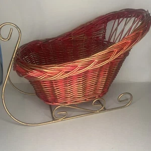 Christmas Sleigh Wicker with Metal Runners Red Gold Holiday Decor 12”x9” - Picture 1 of 6