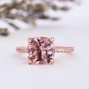 3.5Ct Cushion Cut Morganite Engagement Ring with Hidden Halo 14k Rose Gold Over - Picture 1 of 5