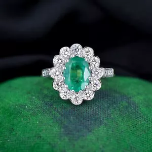Emerald and Diamond Oval Cluster Halo 18ct Yellow Gold and Platinum Ring - Picture 1 of 9