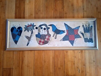 Primitive Folk Art Framed Picture Kindred Spirits  Heart/Flower/Basket/Bird/Star - Image 1 of 4