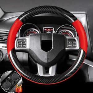 Coprivolante Auto 15" in Pelle Fibra di Carbonio Pelle Rosso per Dodge - Foto 1 di 10