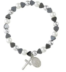 Wunderbare Medaille Maria und Kreuz Armband Herzen und schwarzer Hämatit Stein - Bild 1 von 1