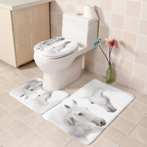 White Horse Shower Curtain Bathroom Rug Set Bath Mat Non-Slip Toilet Lid Cover