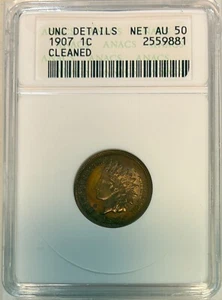 1907 Indian Head Cent, ANACS Unc Details Net AU-50, Cleaned, Old Soapbox Holder! - Picture 1 of 2