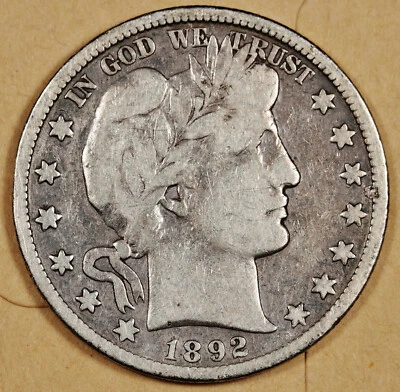 1892-s Barber Half Dollar.  Liberty mostly Visible.  About Fine.  197668 - Image 1 of 2