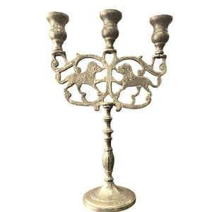 Vintage 3 Arm Solid Brass Candelabra Lions Of Judah Shabbat Candlestick - Picture 1 of 8