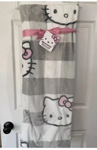 Hello Kitty Plush Throw Blanket Gray Striped With Pink Bow 50 X 70 NWT - Picture 1 of 1