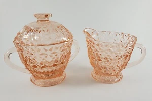 Vintagr Jeannette Windsor Diamond Pink Depression Glass Creamer & Covered Sugar - Picture 1 of 12