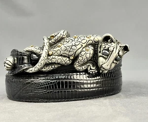 Fahrenheit Connie Bates Leather Belt Pewter & Brass Leopard Buckle 29-34" (333) - Picture 1 of 21