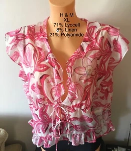 H & M FRILLY TOP ~ SIZE XL ~ LYOCELL WITH LINEN ~ PINK & WHITE - Picture 1 of 11