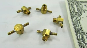 5 Miniature Solid Brass 10-32 x 1/16" Hose Barb Branch Tees, Pneumatic Fittings - Picture 1 of 9