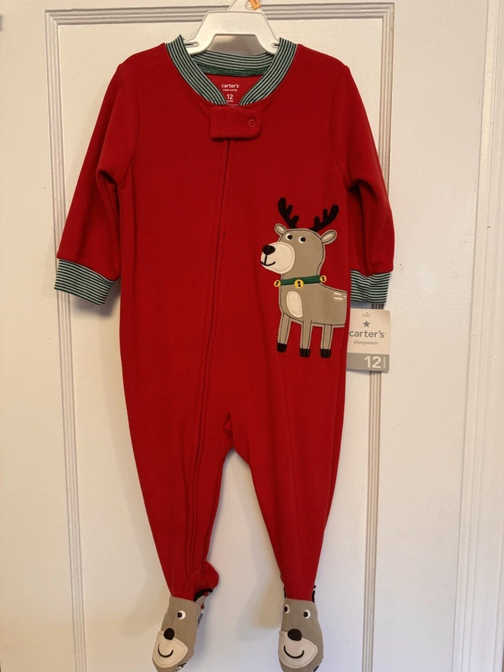 Carters Footed Pajamas Size 2t Red Girls 2 Toddler Bird W/ Deer One Piece