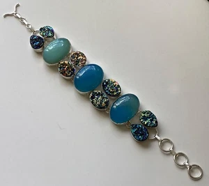 Beautiful!!  Blue Aqua Chalcedony and Titanium Druzy Bracelet 8.5” - Picture 1 of 7