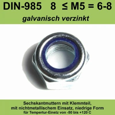 Sicherungsmuttern DIN 985 M3 verzinkte 8 selbstsichernde Stop Sicherungs Mutter  - Bild 1 von 3