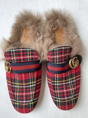 GUCCI Men’s Princetown Red GG Plaid Tartan Fur Slipper Sz 10 MINT, Worn 1x $950 - Image 1 of 4