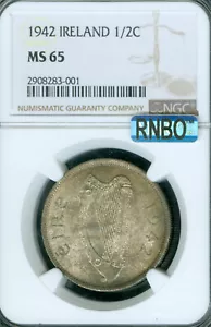 1942 IRELAND SILVER HALF CROWN NGC MS65 PQ MAC RNBO RAINBOW RARE * - Picture 1 of 2