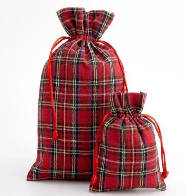 CHURCH PRODUCTS UK Red Tartan Hessian Drawstring Gift Bags Fabric Linen Christmas Pouch Small Large