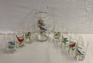 Vintage West Virginia Glass Pitcher w/ 7 Glasses - SONGBIRDS - Pinched Spout - Picture 1 of 4