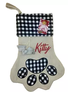 KITTY Pet Paw Print STOCKING Buffalo Plaid Burlap w/Hanging Fish Embroidered NEW - Picture 1 of 7