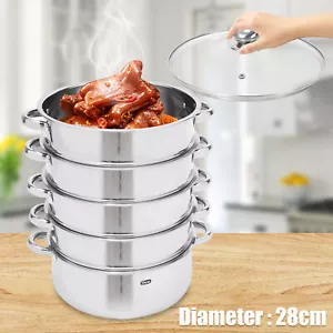 5 Tier Stainless Steel Steam Cooker Steamer Set Pan Cook Pot with Glass Lid - Picture 1 of 24