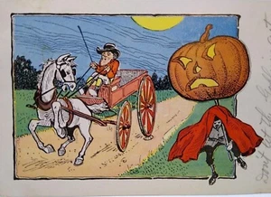 Halloween Postcard Fantasy Carriage Buggy Horse Coach Pumpkin JOL Costume 1908 - Picture 1 of 4