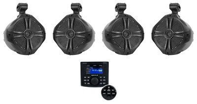 Rockville RGHR-ZA 4 Zone Marine Bluetooth Stereo+(4) Black 8" Wakeboard Speakers - Image 1 of 4