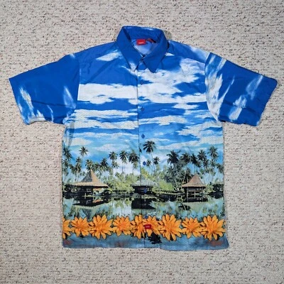 Mossimo Hawaiian Shirt Mens LARGE Aloha Flower Village Huts Palm Trees Blue Sky - Image 1 of 4