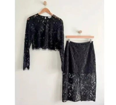 Jason Wu Sheer Black Lace Long Sleeve Crop Top Midi Pencil Skirt Set Size 6 - Image 1 of 4