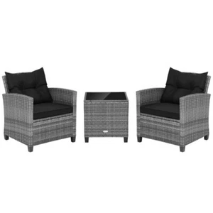 3PCS Patio Outdoor Garden Furniture Conversation Set w/Tempered Glass Tabletop - Picture 1 of 10