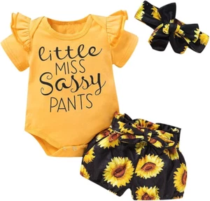 Newborn Baby Girl Cotton Ruffled Short Sleeve Bodysuit Tops + Floral Shorts Baby - Picture 1 of 12