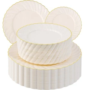 100 Piece Ivory Scalloped Plastic Plates for Party with Gold Rim - Plastic Pa... - Picture 1 of 9