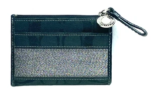 Monedero Coach negro firma C rayas metálicas cierre cremallera bolsillo exterior - Imagen 1 de 7