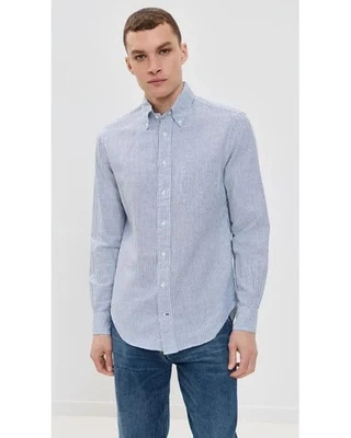 Gitman Bros Vintage Linen Cotton Shirt Men’s Small Blue White Stripe Button Down - Image 1 of 4