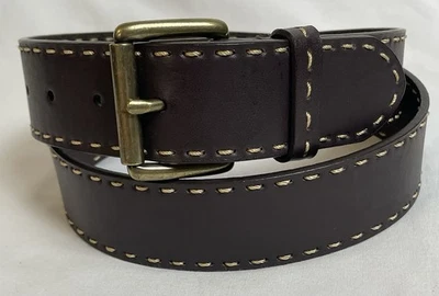 Anne Klein Brown Leather Belt Women’s Sz L Beige Stitching Brass Buckle Modern - Image 1 of 4