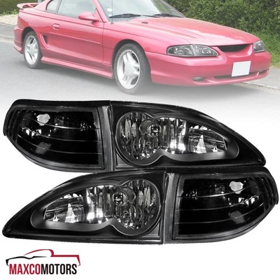 Black Headlights+Corner Lamps Fits 1994-1998 Ford Mustang Left+Right Pair 94-98 Foto 1 de 4