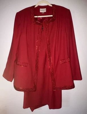 John Meyer Norwich Knee Length Skirt Jacket Suit Deep Red Beaded Plus Size 20W - Image 1 of 4